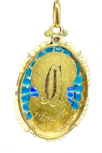 Pendentif Sellier - Médaille Vierge en or 18 carats, émail et perles fines 58 Facettes AB164