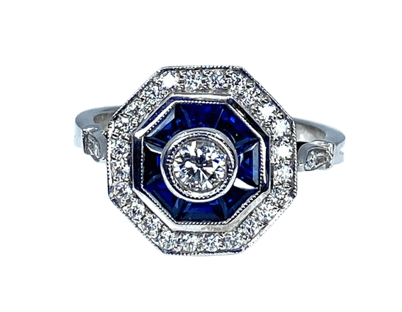 Bague 54 Bague octogonale en or blanc 18 carats, saphirs et diamants 58 Facettes AB220