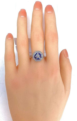 Bague 54 Bague octogonale en or blanc 18 carats, saphirs et diamants 58 Facettes AB220
