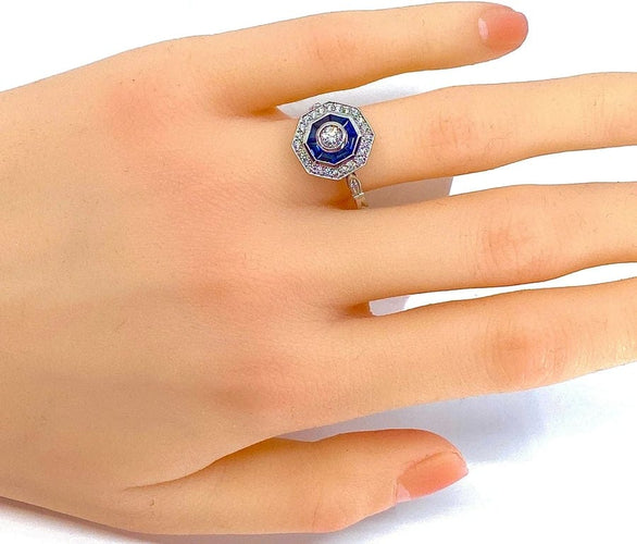 Bague 54 Bague octogonale en or blanc 18 carats, saphirs et diamants 58 Facettes AB220