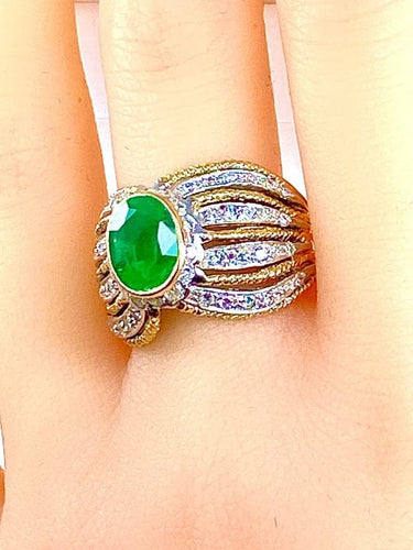 Bague 58 Bague en or jaune et blanc 18 carats avec émeraude et diamants 58 Facettes AB228