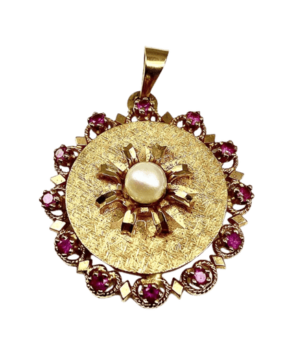 Pendentif Pendentif porte-photo en or 18 carats, perle et pierres rouges 58 Facettes AB307