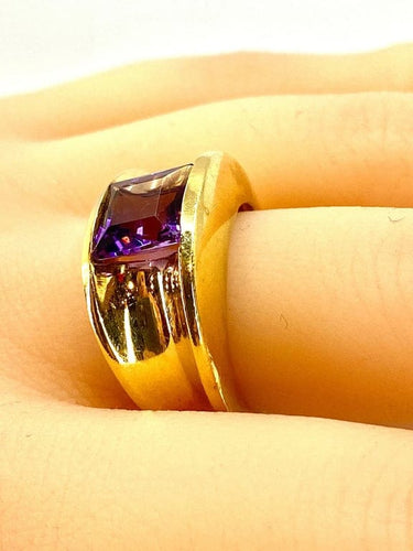 Bague 53 Bague bandeau en or jaune 18 carats à améthyste carrée 58 Facettes AB341