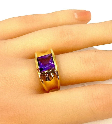 Bague 53 Bague bandeau en or jaune 18 carats à améthyste carrée 58 Facettes AB341