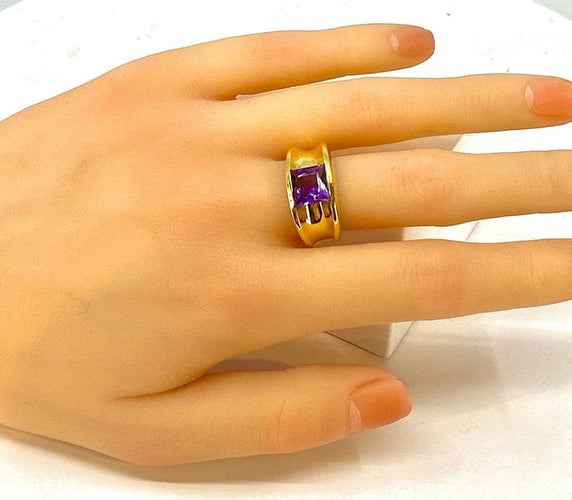 Bague 53 Bague bandeau en or jaune 18 carats à améthyste carrée 58 Facettes AB341