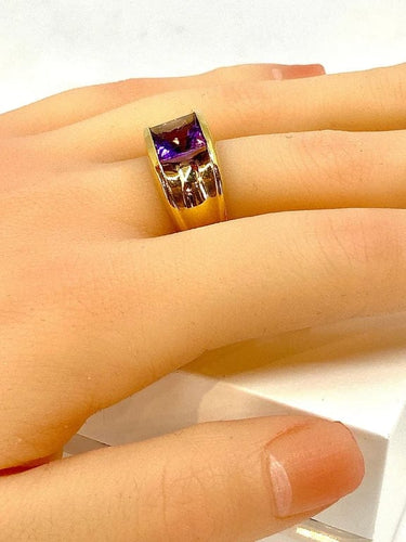 Bague 53 Bague bandeau en or jaune 18 carats à améthyste carrée 58 Facettes AB341