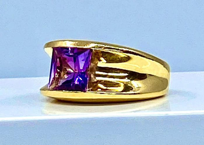 Bague 53 Bague bandeau en or jaune 18 carats à améthyste carrée 58 Facettes AB341