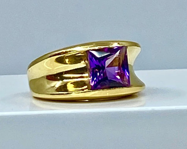 Bague 53 Bague bandeau en or jaune 18 carats à améthyste carrée 58 Facettes AB341