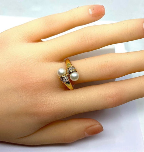 Bague 59 Bague toi et moi en or jaune 18 carats, perles et diamants 58 Facettes AB382