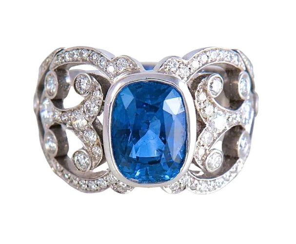 Bague 53 Bague en or blanc 18 carats avec saphir de Ceylan et diamants 58 Facettes AB 407