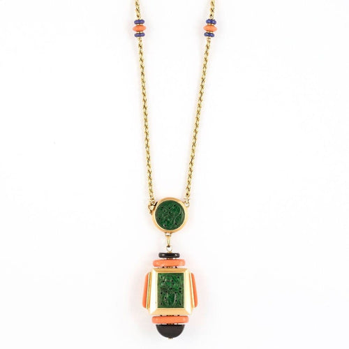 Collier Atelier Georges Lenfant - Collier en or jaune, lapis lazuli, jade, néphrite, corail et onyx 58 Facettes 58FC9