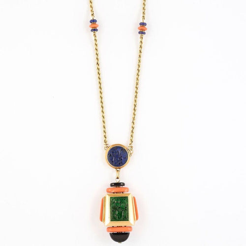 Collier Atelier Georges Lenfant - Collier en or jaune, lapis lazuli, jade, néphrite, corail et onyx 58 Facettes 58FC9