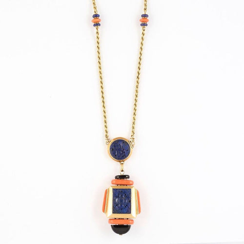 Collier Atelier Georges Lenfant - Collier en or jaune, lapis lazuli, jade, néphrite, corail et onyx 58 Facettes 58FC9