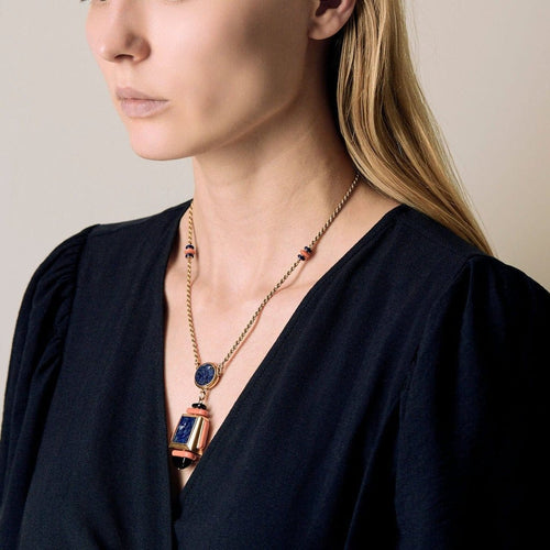 Collier Atelier Georges Lenfant - Collier en or jaune, lapis lazuli, jade, néphrite, corail et onyx 58 Facettes 58FC9