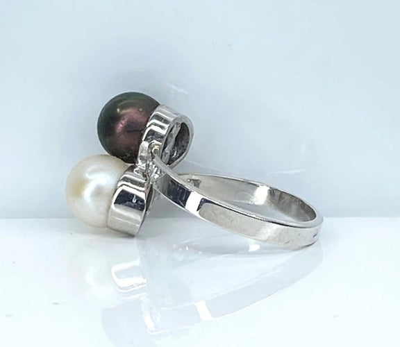 Bague 50 Bague toi et moi en or blanc 18 carats, diamants et perles 58 Facettes AB604