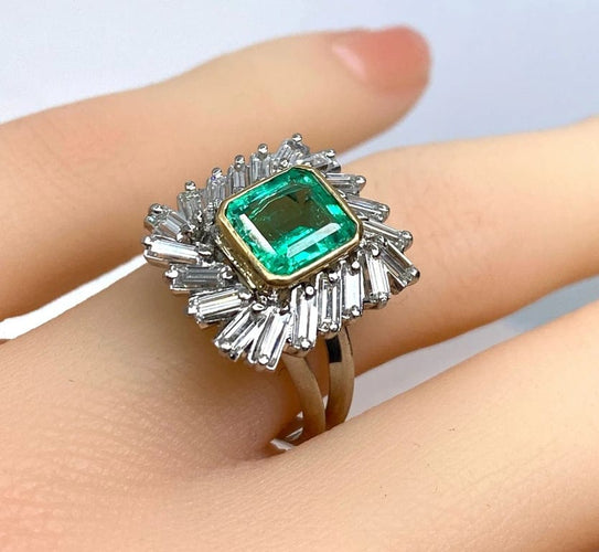 Bague 51 Bague émeraude et diamants baguette en or jaune 18 carats et platine 58 Facettes AB619