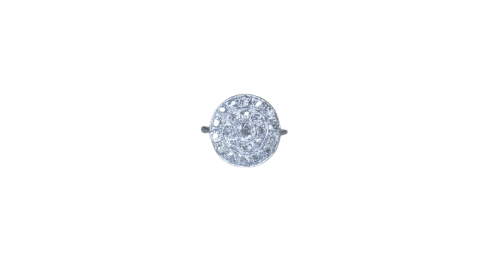 Bague 52.5 Art Déco - Bague cible ronde en or blanc et platine, diamants 58 Facettes