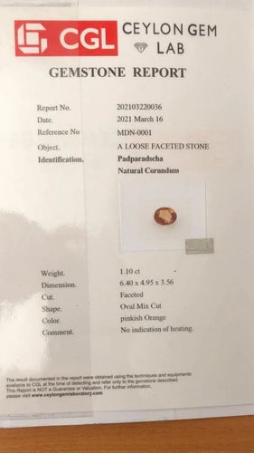 Gemstone Saphir padparadscha 1,10 ct non chauffé non traité avec certificat CGL 58 Facettes 94