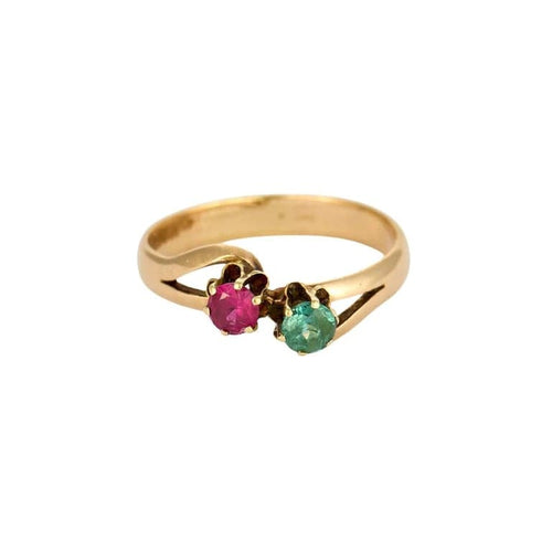 Bague 59.5 Bague toi et moi en or jaune 14 carats rubis et émeraude 58 Facettes
