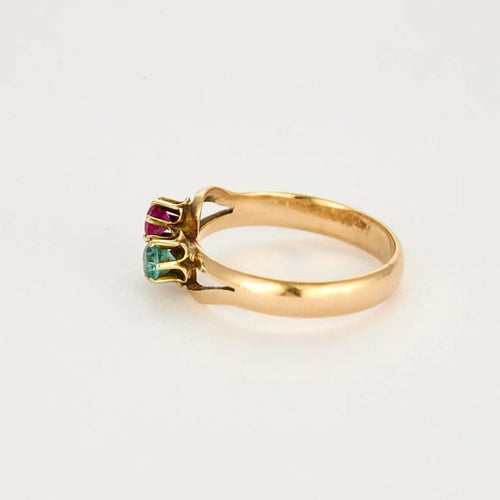 Bague 59.5 Bague toi et moi en or jaune 14 carats rubis et émeraude 58 Facettes