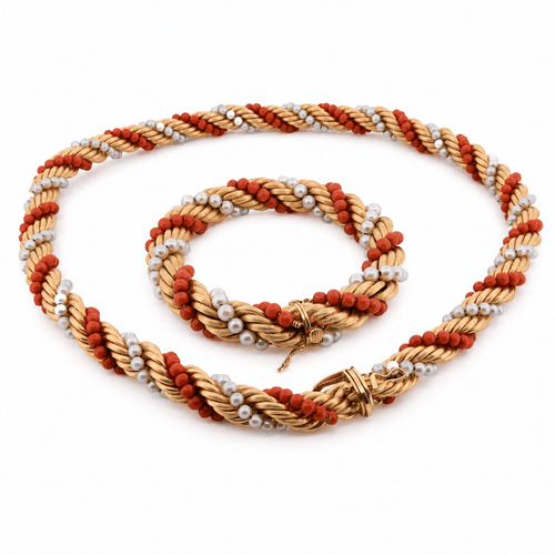 Collier Parure - Collier et bracelet en or jaune, corail et perles 58 Facettes CL105 '(07299)
