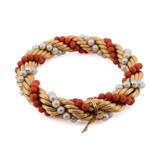 Collier Parure - Collier et bracelet en or jaune, corail et perles 58 Facettes CL105 '(07299)
