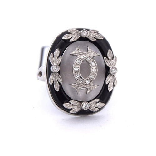 Bague 53 Bague vintage en platine avec cristal de roche, onyx et diamants 58 Facettes AN531