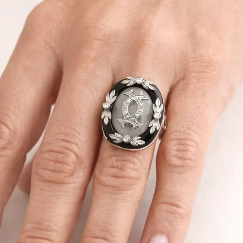 Bague 53 Bague vintage en platine avec cristal de roche, onyx et diamants 58 Facettes AN531