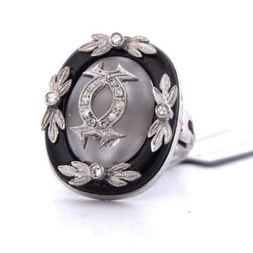 Bague 53 Bague vintage en platine avec cristal de roche, onyx et diamants 58 Facettes AN531