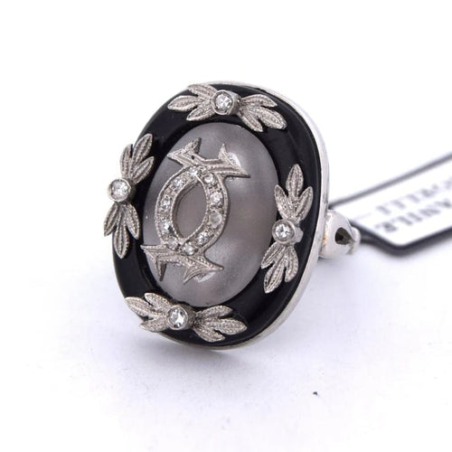 Bague 53 Bague vintage en platine avec cristal de roche, onyx et diamants 58 Facettes AN531