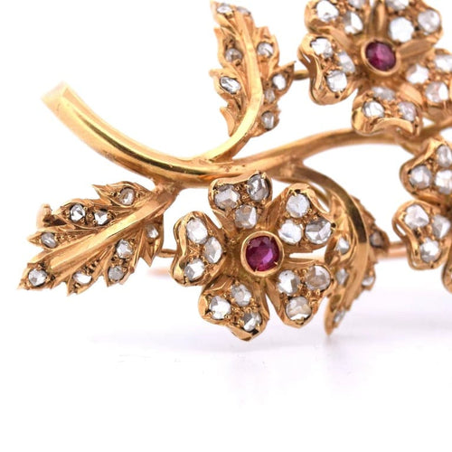 Broche Broche vintage en or jaune 18 carats avec rubis et diamants 58 Facettes SP18 (00229)