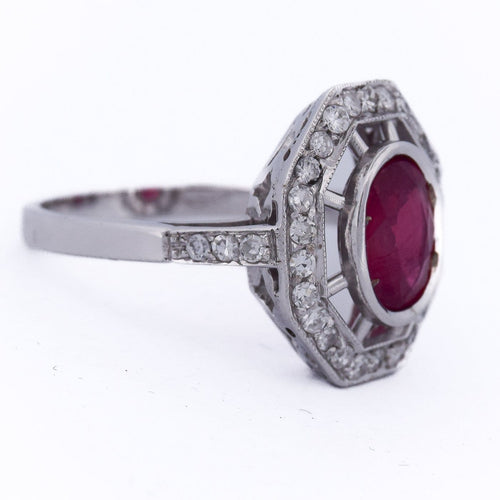 Bague 54 Bague Art déco en or blanc 18 Kt avec rubis et diamants 58 Facettes AN107 (0589)