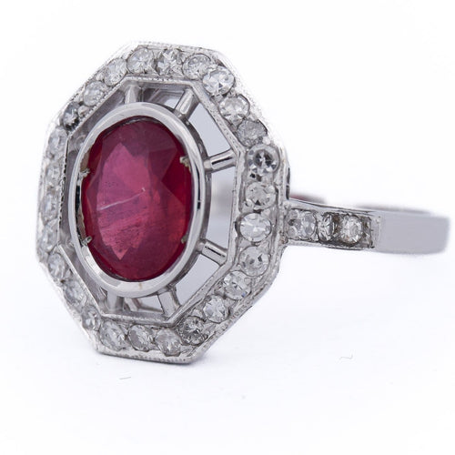 Bague 54 Bague Art déco en or blanc 18 Kt avec rubis et diamants 58 Facettes AN107 (0589)