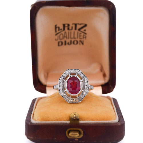 Bague 54 Bague Art déco en or blanc 18k, rubis et diamants 58 Facettes AN107 (0589)