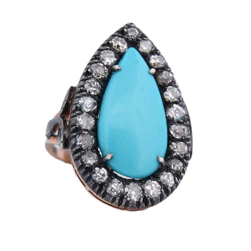 Bague 55 Bague victorienne en or jaune 18 carats, turquoises et diamants 58 Facettes AN164