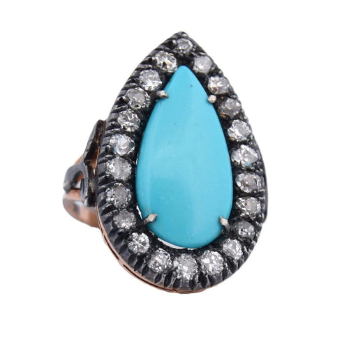 Bague 55 Bague victorienne en or jaune 18 carats, argent, diamants et pâtes turquoise 58 Facettes AN164