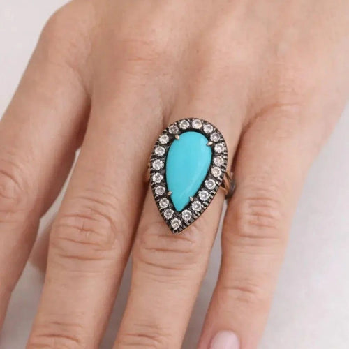 Bague 55 Bague victorienne en or jaune 18 carats, argent, diamants et pâtes turquoise 58 Facettes AN164