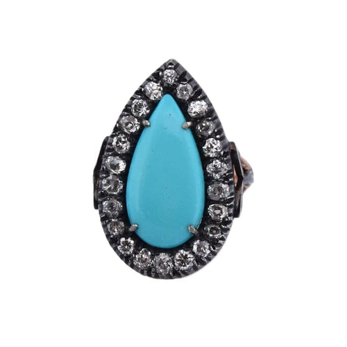 Bague 55 Bague victorienne en or jaune 18 carats, turquoises et diamants 58 Facettes AN164