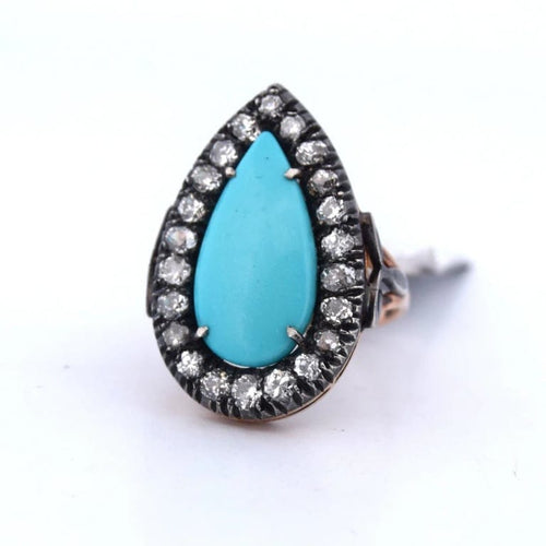 Bague 55 Bague victorienne en or jaune 18 carats, turquoises et diamants 58 Facettes AN164