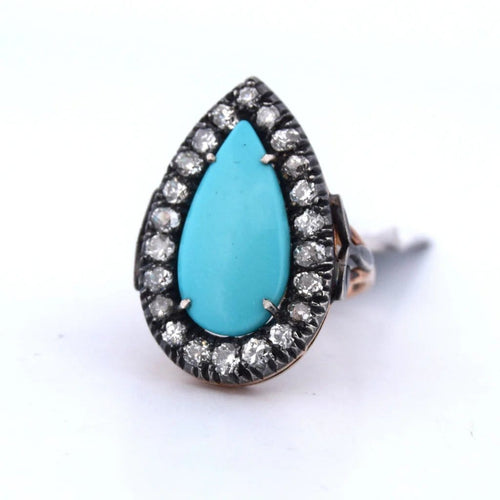 Bague 55 Bague victorienne en or jaune 18 carats, argent, diamants et pâtes turquoise 58 Facettes AN164