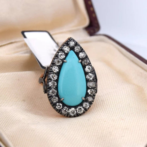Bague 55 Bague victorienne en or jaune 18 carats, turquoises et diamants 58 Facettes AN164