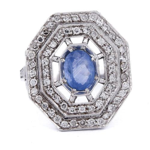 Bague 54 Bague Art déco en or blanc 18 carats, saphir et diamants 58 Facettes AN109 '(00019)