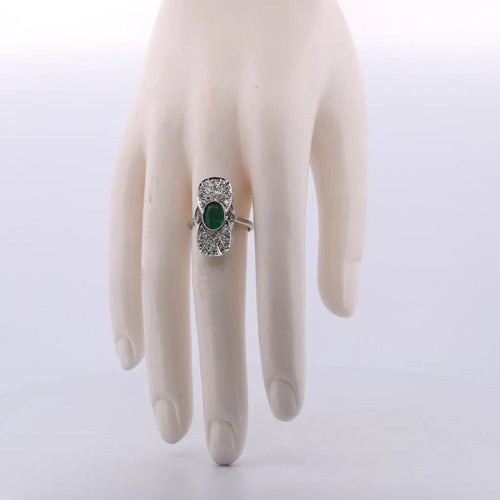 Bague 56 Bague Art déco en or blanc 18 carats avec émeraude et diamants 58 Facettes