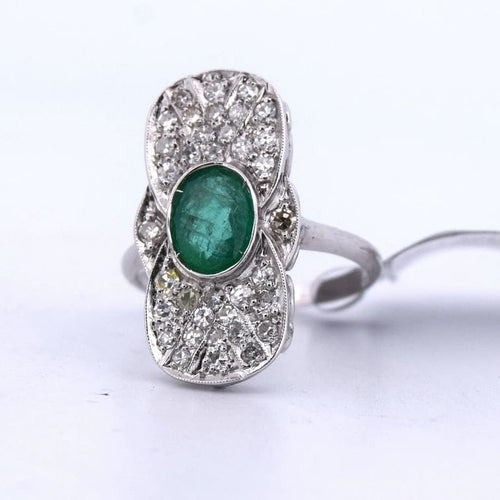 Bague 56 Bague Art déco en or blanc 18 carats avec émeraude et diamants 58 Facettes