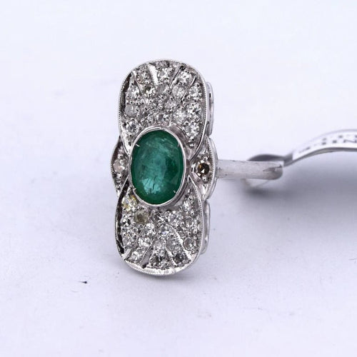 Bague 56 Bague Art déco en or blanc 18 carats avec émeraude et diamants 58 Facettes