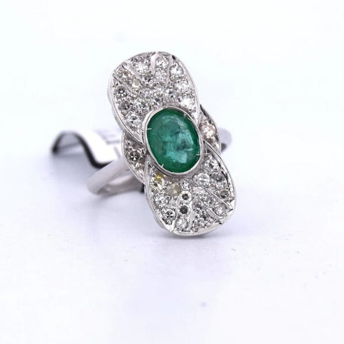 Bague 56 Bague Art déco en or blanc 18 carats avec émeraude et diamants 58 Facettes