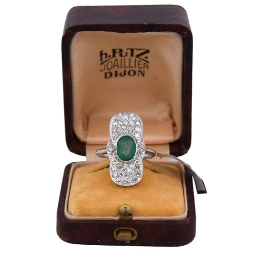 Bague 56 Bague Art déco en or blanc 18 carats avec émeraude et diamants 58 Facettes