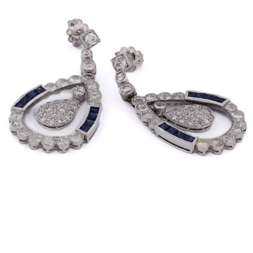 Boucles d'oreilles Art déco - Boucles d'oreilles en or blanc, saphirs et diamants 58 Facettes