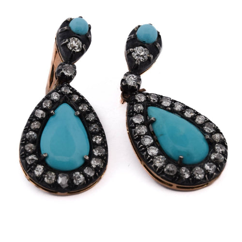 Boucles d'oreilles Boucles d'oreilles en or rose 14 ct, argent, turquoise et diamants 58 Facettes OR72 (00029)