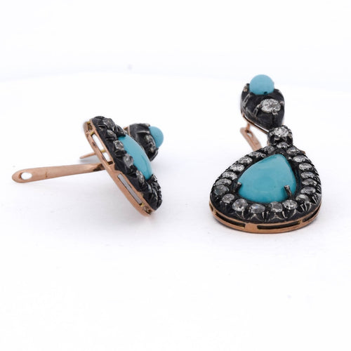Boucles d'oreilles Boucles d'oreilles en or rose 14 ct, argent, turquoise et diamants 58 Facettes OR72 (00029)